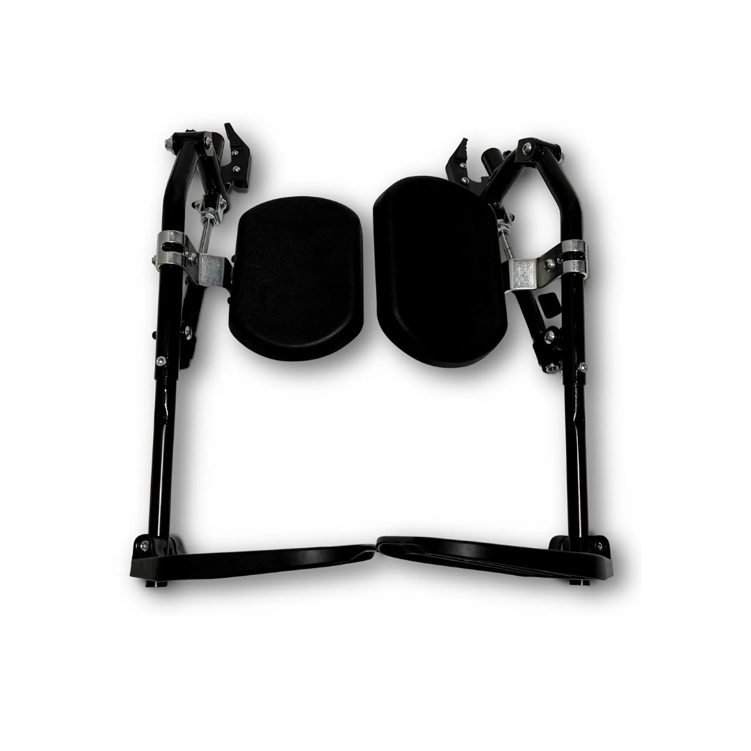 A pair of ComfyGo Elevating Legrest Sets, compatible with IQ-8000 and IQ-9000, featuring black adjustable footrests with padded calf supports, metal hinges, and mounting brackets, shown side by side on a white background.